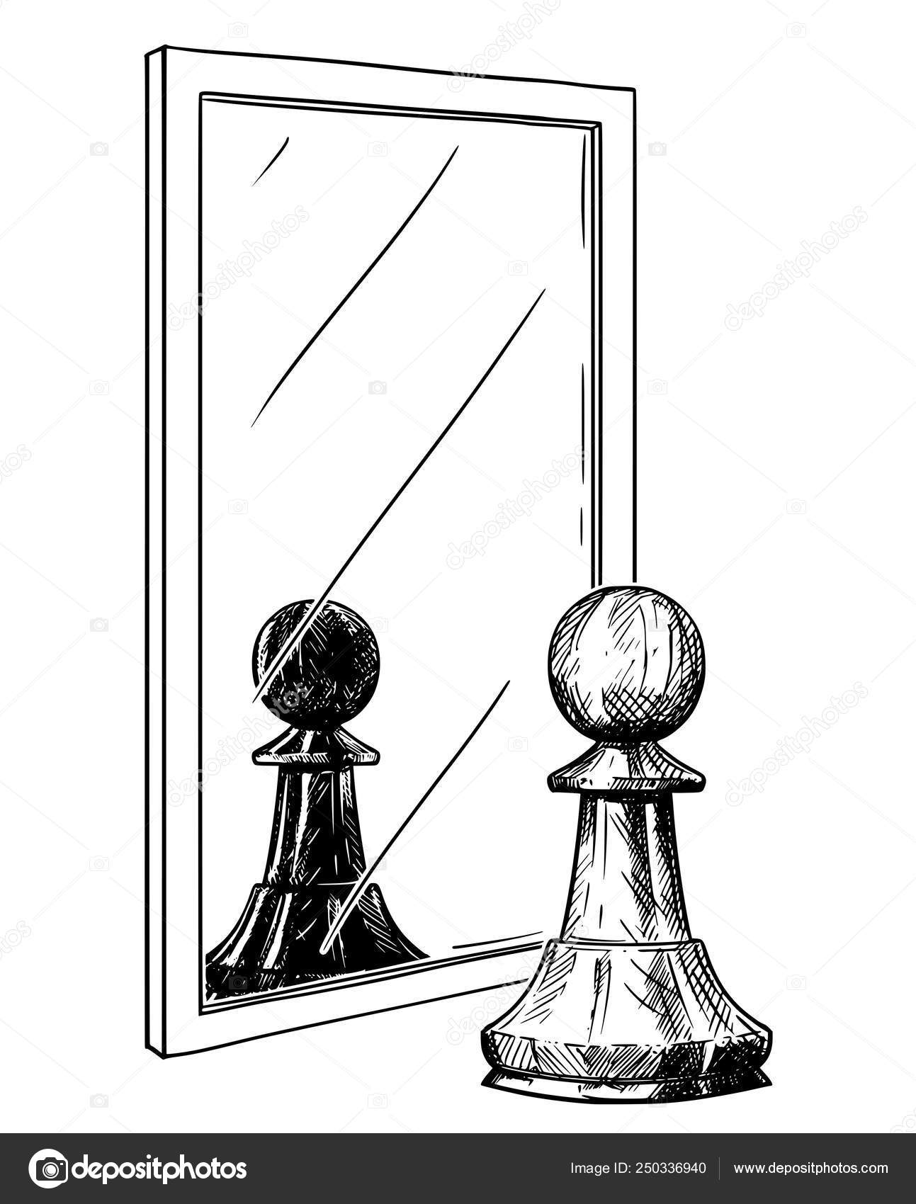 Desenho de Desenhos Animados de Peão de Xadrez Branco Refletindo no Espelho  como Metáfora Negra, Boa e Má vetor(es) de stock de ©ursus@zdeneksasek.com  250336940